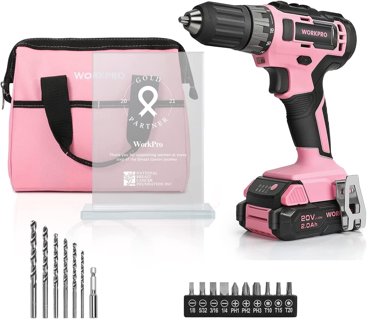 WORKPRO 20V Pink Cordless Drill Driver Set, 3/8” Keyless Chuck, 2.0 Ah Li-Ion Battery, 1 Hour Fast Charger and 11-inch Storage Bag Included