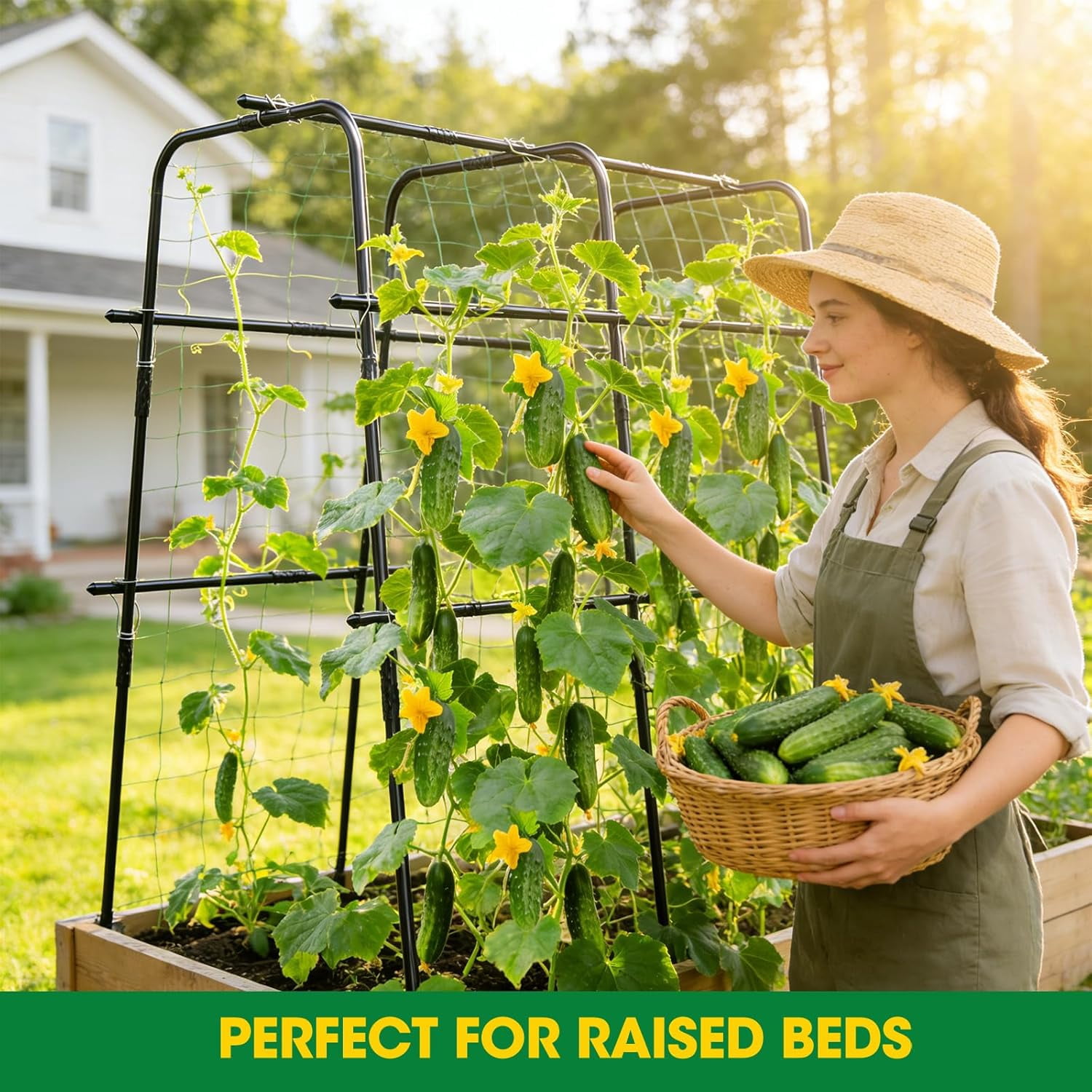 Cucumber Trellis for Raised Bed and Garden, 47" H x W U-Shaped Metal Garden Climbing Plants with Nylon Netting, Vegetable Support Frame