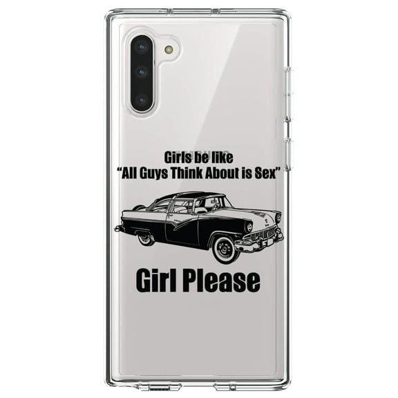 DistinctInk Clear Shockproof Hybrid Case for Samsung Galaxy Note 10 (6.3" Screen) - TPU Bumper Acrylic Back Tempered Glass Screen Protector - All Guys Think About is Sex - Cars!