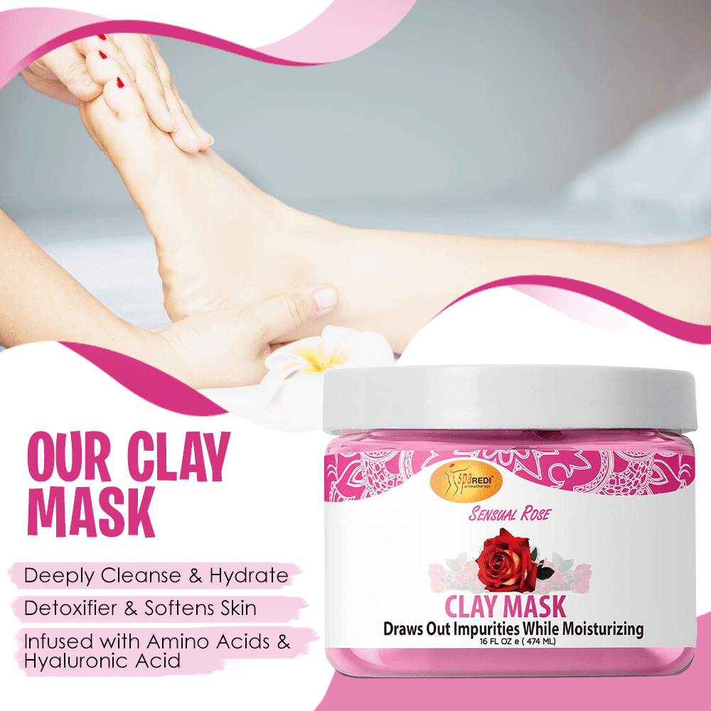 SPA REDI - Clay Mask, Sensual Rose, 16 Oz - Pedicure, Body Deep Cleansing, Detoxifying, Hydrating - Natural Bentonite Clay, Infused with, Amino Acids, Panthenol, Comfrey Extract
