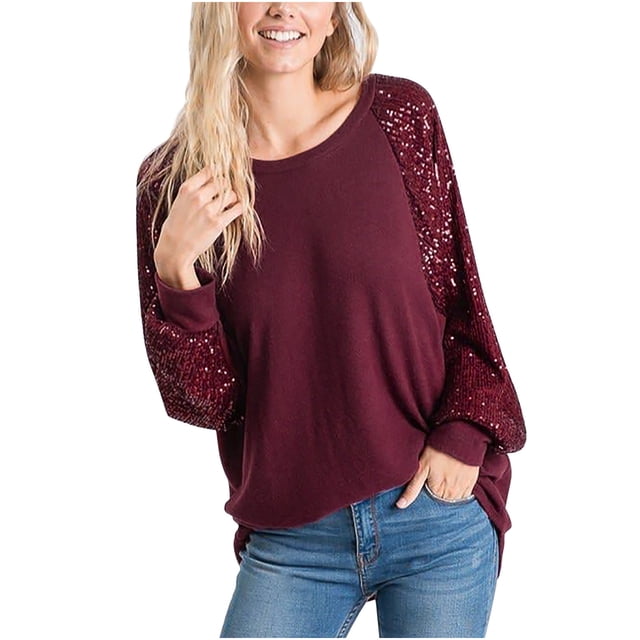 CEHVOM Femme T-Shirt à Col Rond à Manches Longues Automne Blouse à Paillettes Hauts Chandail