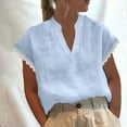 thumbnail image 2 of GigrtiJin Womens V-Neck Lace Patchwork Tops Solid Color Linen Short Sleeved Blouse Summer Cotton Comfy Shirt, 2 of 8