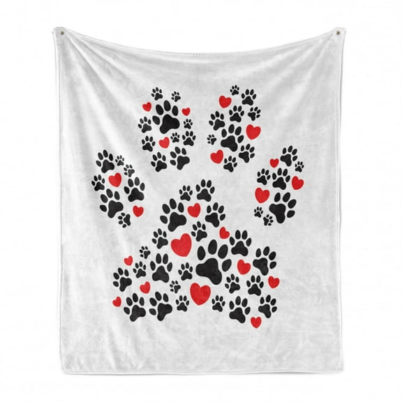 Paw Print Soft Flannel Fleece Throw Blanket, Big Pet Track Created with Other Little Footsteps and Hearts, Cozy Plush for Indoor and Outdoor Use, 70" x 90", Vermilion and Charcoal Grey, by Ambesonne