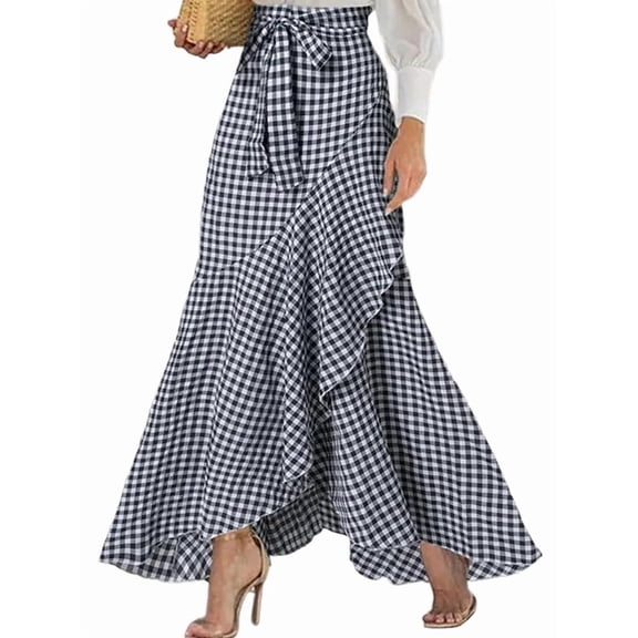 Women'S Casual Plaid Mermaid Maxi Skirt A Line Irregular Ruffle Hem Fishtail Long Skirt Navy Blue XL