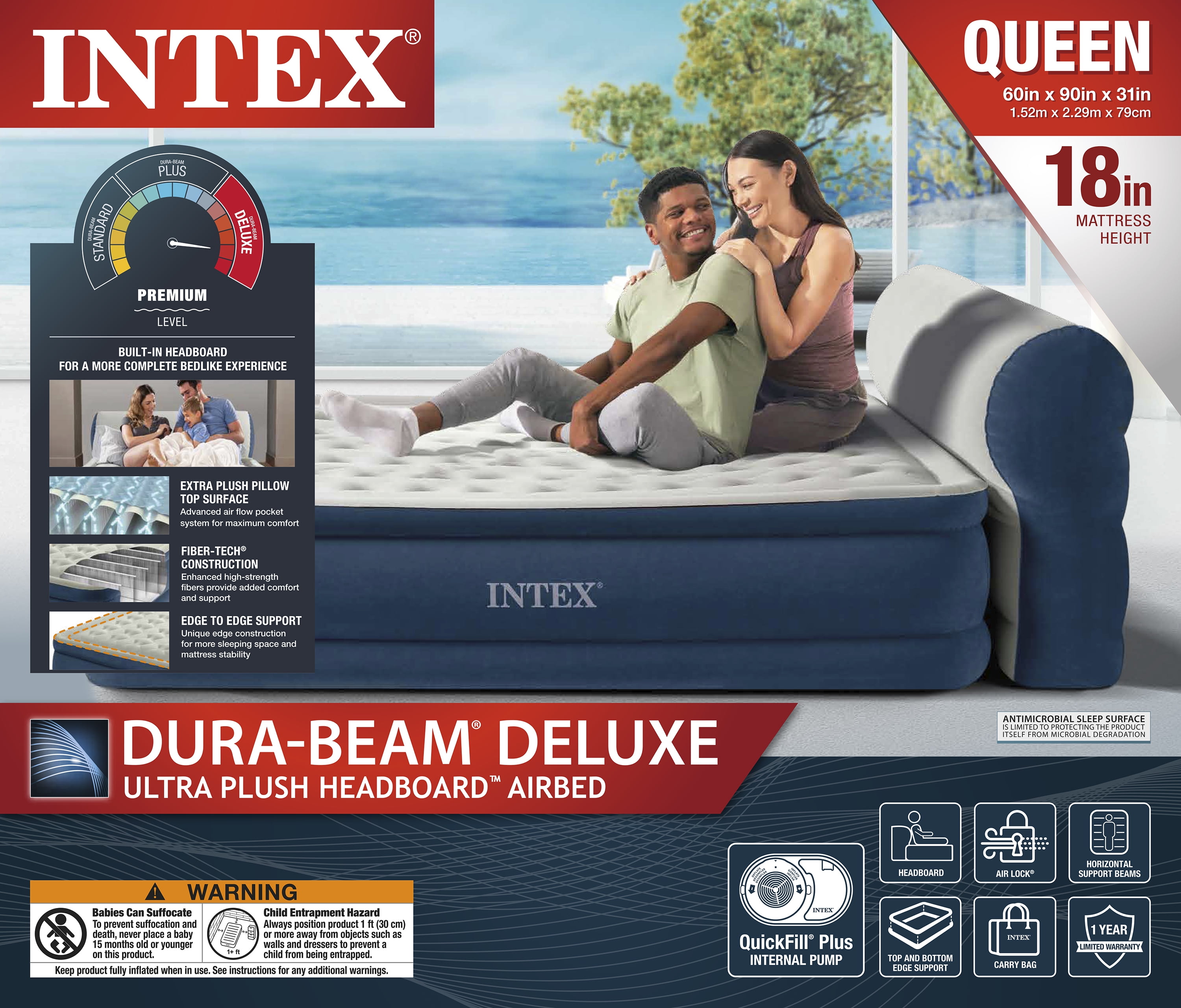 Intex Durabeam Headboard 18 Queen Air Mattress with Built-in Pump 