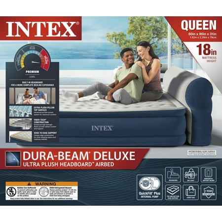 Intex Headboard 18 Queen Dura-Beam Deluxe Raised Air Bed Mattress with Built-in Pump