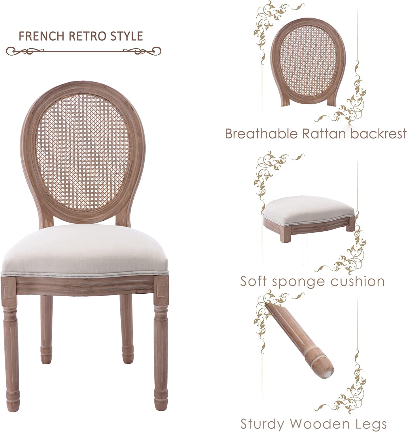 Sumdeal French Dining Chairs Set, Upholstered Vintage Farmhouse Chair,Mid Century Fabric Chair with Solid rubberwood Leg for Dining Room Bedroom Kitchen Restaurant