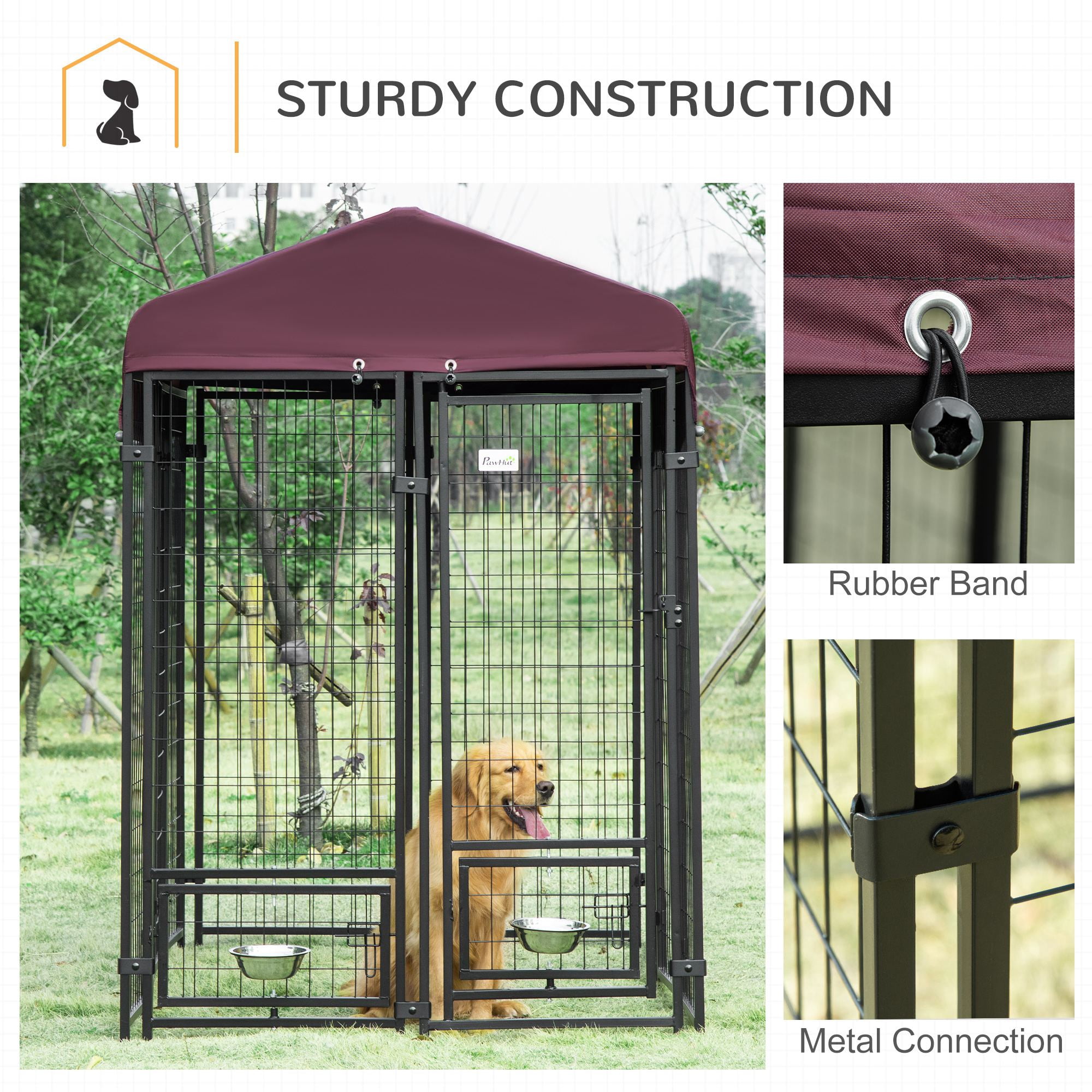 PawHut Outdoor Dog Kennel with Rotating Bowl Holders, Walk-in Pet Playpen, Red