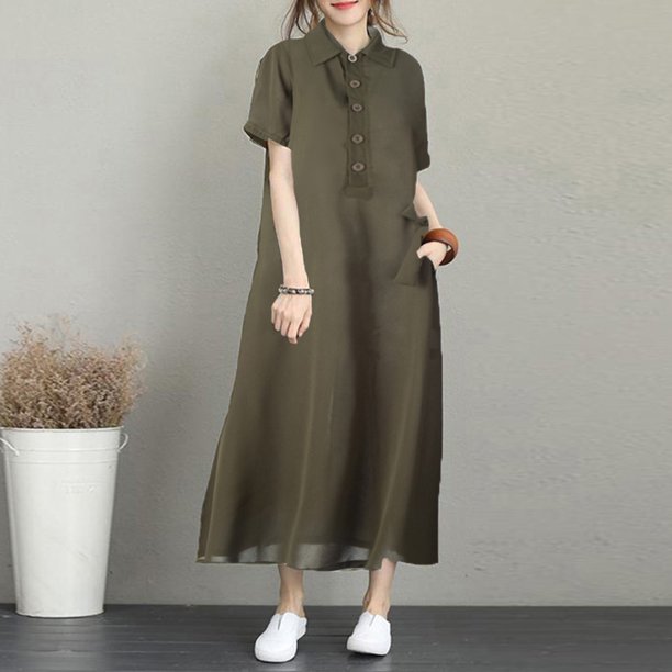 Vestido camisero para mujer, bolsillos con cinturón, botones, cuello vuelto, manga corta, vestido MABOTO Vestido de mujer
