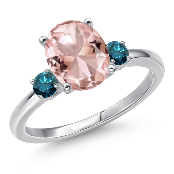 Gem Stone King 14K White Gold Peach Nano Morganite and Blue Diamond Engagement Ring for Women | 2.52 Cttw | Oval 10X8MM | Gemstone October Birthstone | Size 8