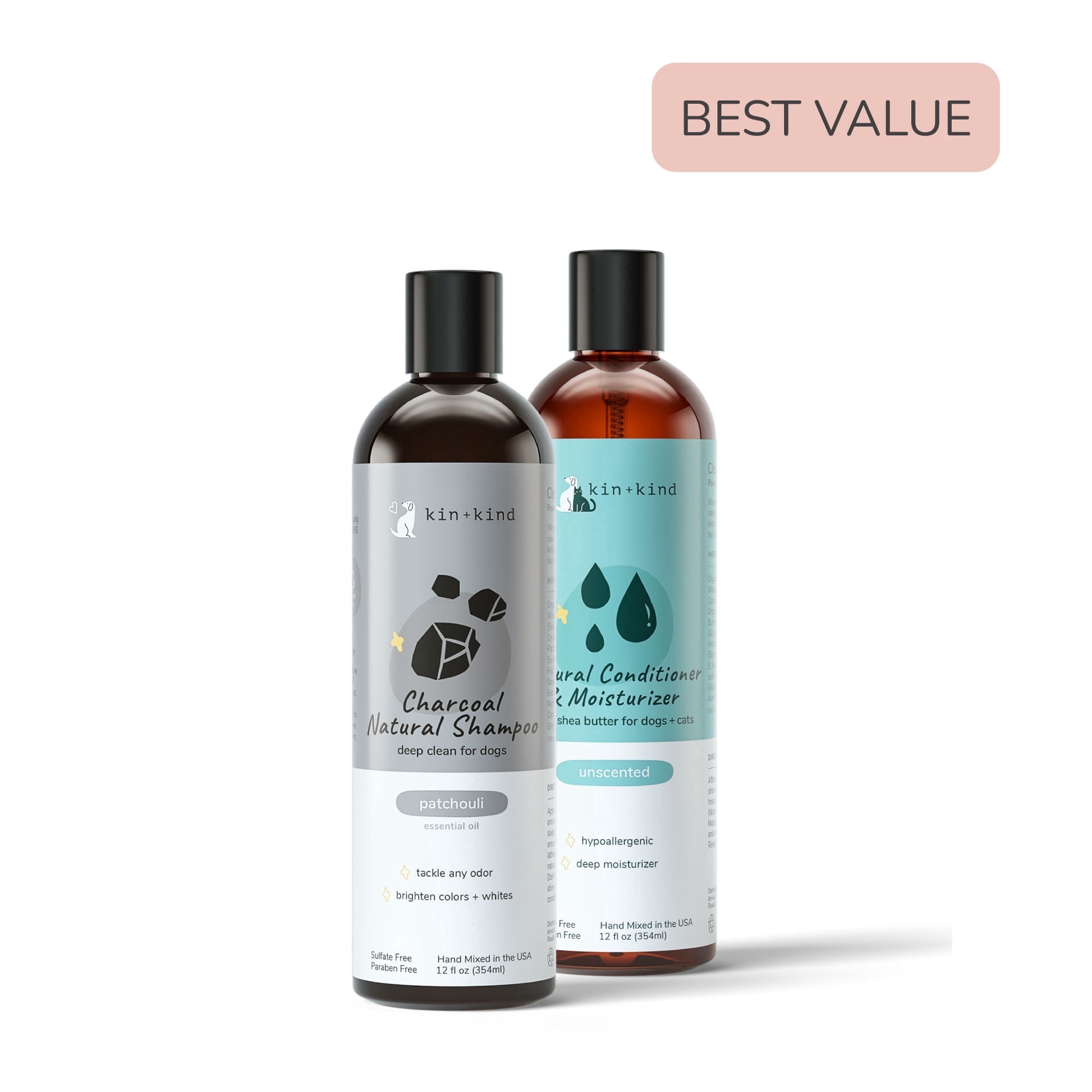 kin+kind Natural Pet Shampoo + Conditioner for Itchy Dogs and Cats - Sensitive Skin Organic Dog and Cat Shampoo with Activated Charcoal Plus Conditioner with Moisturizing Shea Butter - Made in USA