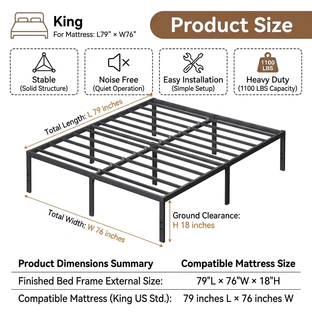 LEDREM King Size Metal Frame, Heavy-Duty Platform Bed with Under-Bed Storage, Easy Assembly for Bedroom, Black