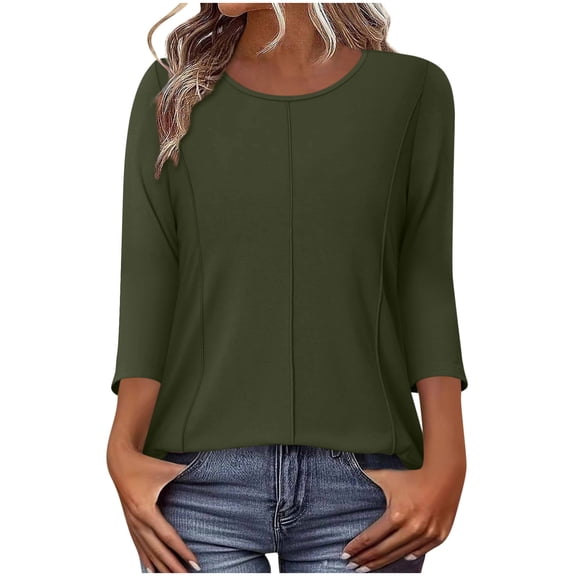 Turilly Women's Loose Fit Seamed Tunic Tops Fashionable Ladies Casual Solid Color 3/4 Sleeve Round Neck Spring And Summer Top