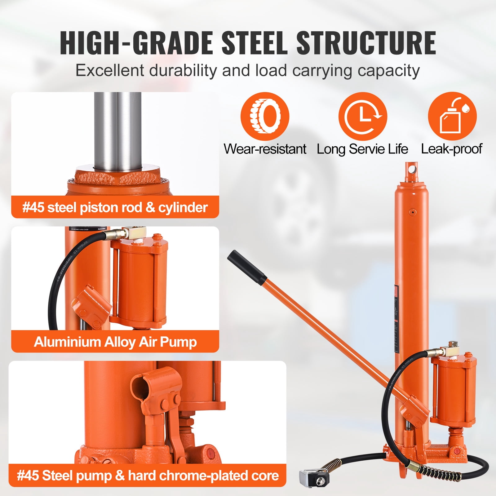 VEVOR Hydraulic Long Ram Jack, 8 Ton Engine Hoist Cylinder with Air Pump and Single Piston Pump, Hydraulic Ram Cylinder Clevis Base for Engine Lift Hoists, Garage/Shop Cranes, Mechanical, Farm