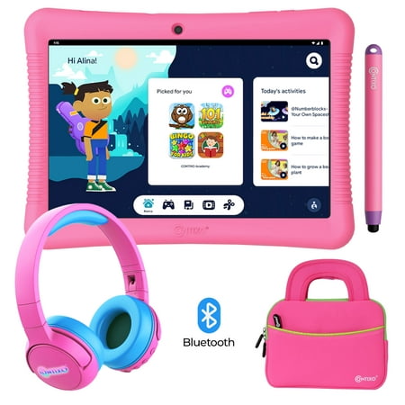 Contixo K102 10 Inch Kids Learning Tablet Bundle with $150 Value Educator Approved Apps, Kids Wireless Headphone and a 10-inch Tablet Bag, with Kickstand and Stylus, Pink-Set