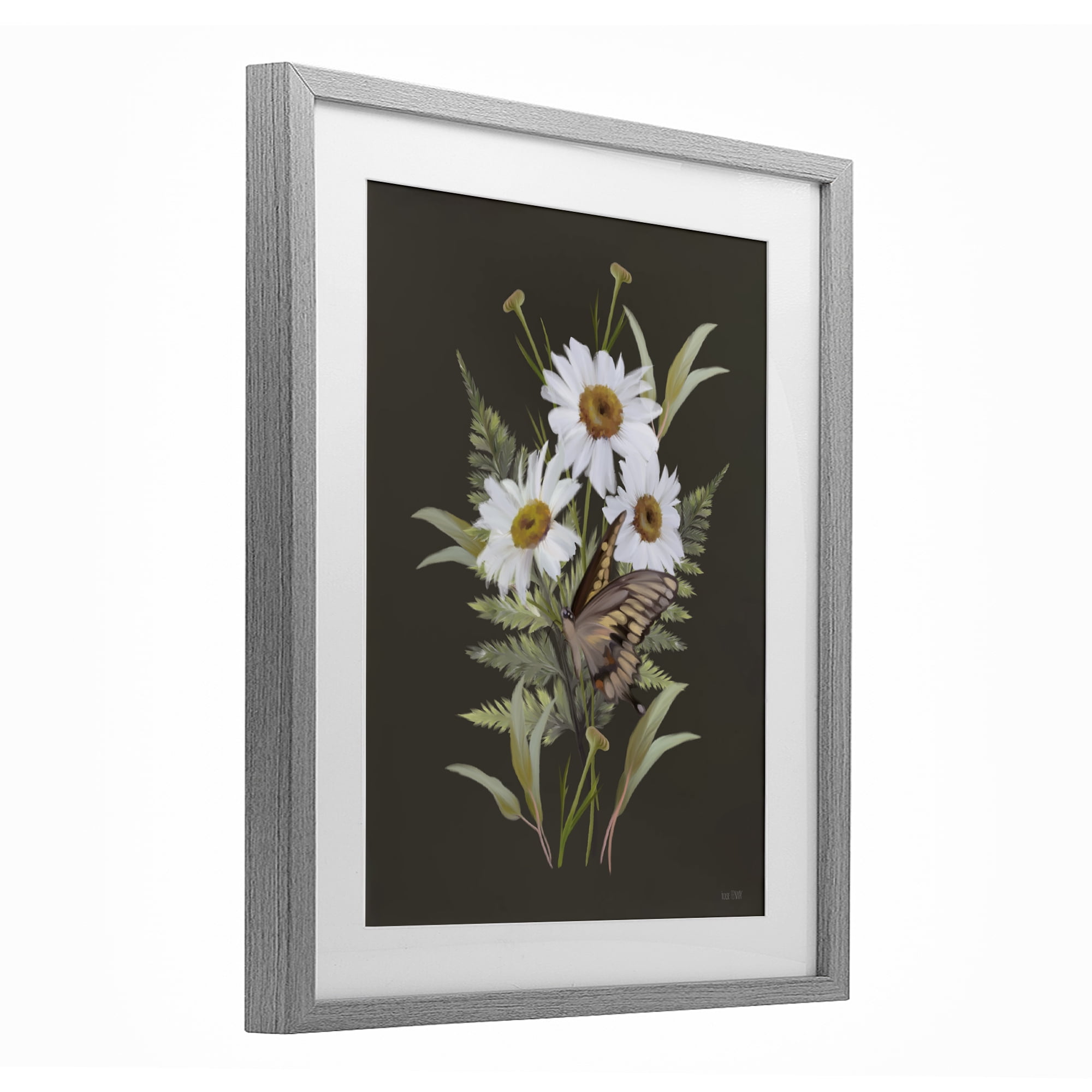 Stupell Industries Daisy Bouquet with Swallowtail Gray Framed Print Under Glass, design by House Fenway