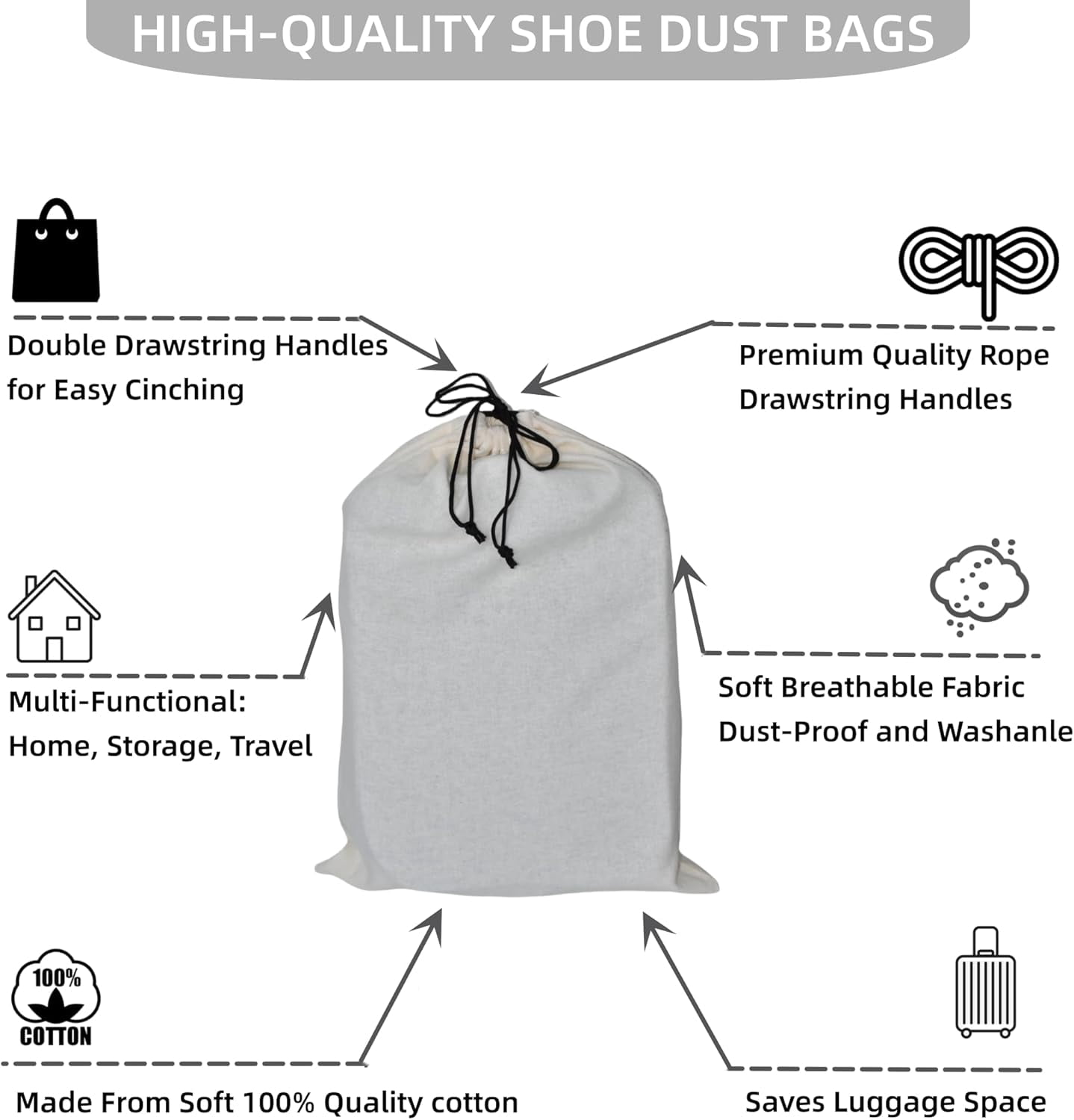 2 Pack Shoe Bags for Travel Flannel Single Shoe Pouch with Drawstring for Men Women Travel Protecting Storing Shoes
