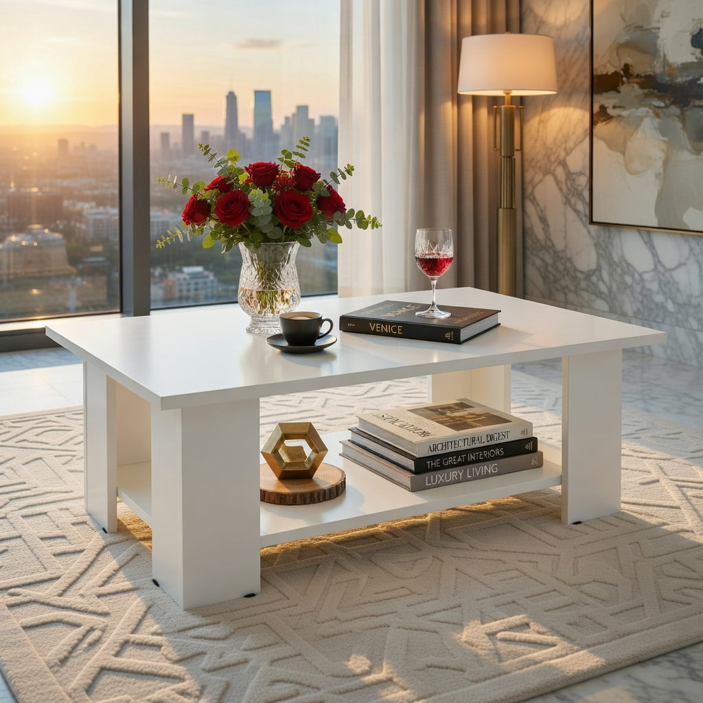 Demi Bonn 36" Wooden Coffee Table, Large 2-tier Modern Side Table with Storage Shelf for Living Room, Reception Room, White