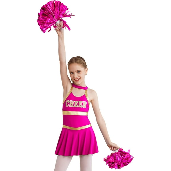 CHICTRY Kids Girls Letters Printed Cheers Uniform Hollow Back Dress with Pompoms for Cheerleading Dance Hot Pink 12