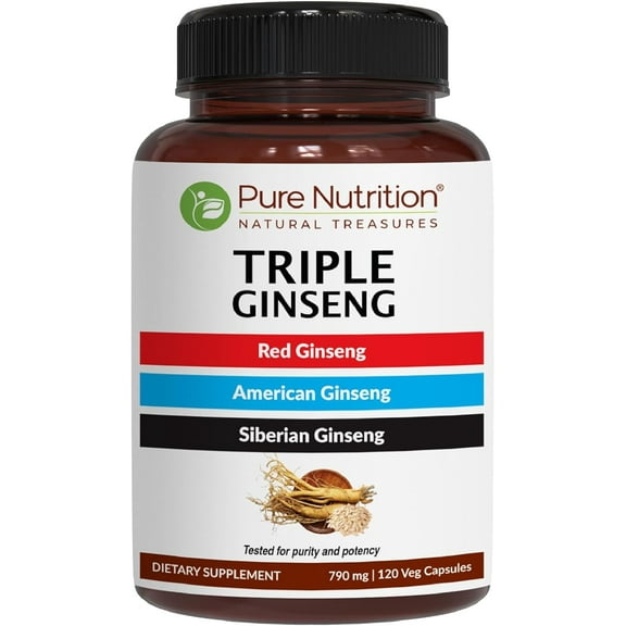 Pure Nutrition Triple Ginseng - A Unique and Effective Combination of Red Ginseng, American Ginseng, and Siberian Ginseng. 790mg Extract Per Capsule | 120 Veg Caps Pack