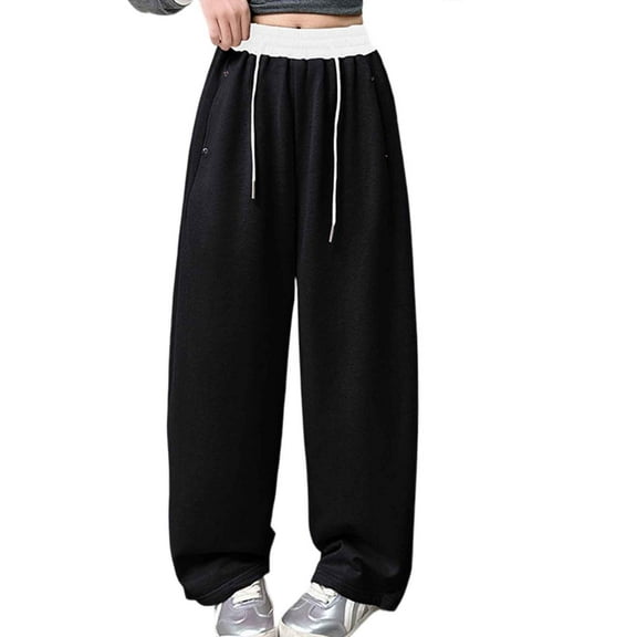 FINALGANG Girl Versatile Pants Solid Color Wide Leg Drawstring Sweatpants Straight Leg Slacks With Pockets For 5-14 Years Designed Cozy Trendy Playsuit