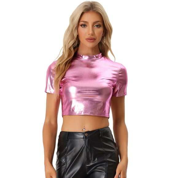 Disfraz de navidad Top corto metalizado de manga corta con cuello alto para mujer Rosa XL