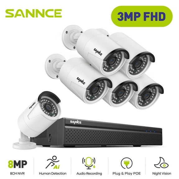 SANNCE 8CH 3MP PoE Home Security Camera System, 6pcs Wired 3MP Outdoor PoE Cameras, 4K NVR for 24/7 Recording, Smart Playback, Instant Email Alert with Images, 100ft Night Vision, NO HDD, IP66