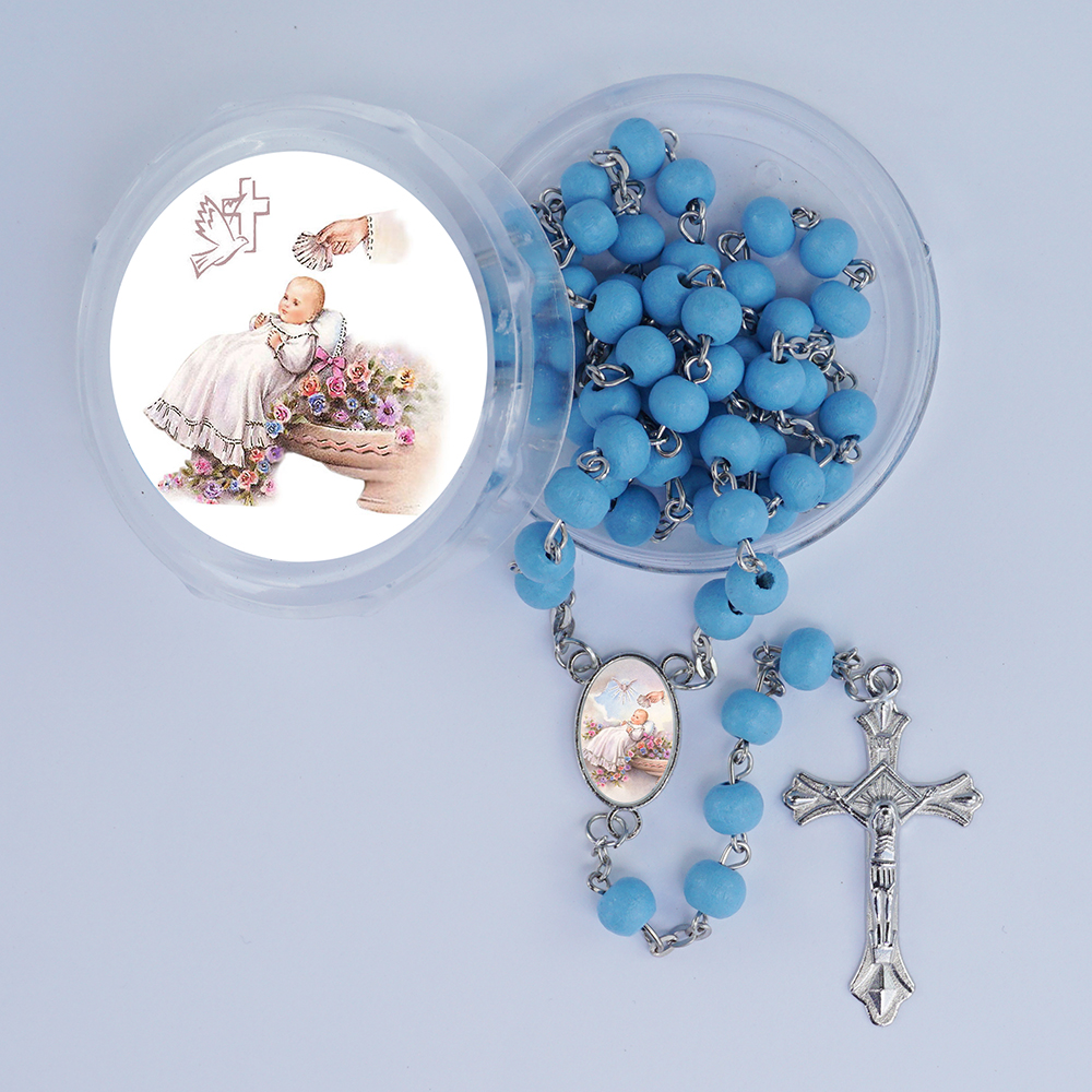 12 Baptism favorsRecuerdos para Bautiz\u00f3 de nino blue wood rosaries  with box