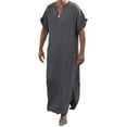 thumbnail image 1 of KOMOO KOMOO Men Ethnic Robe with Pocket Short Roll-up Sleeve Thobe Solid Color V-neck Kaftan Long Gown,Plus Size, 1 of 8