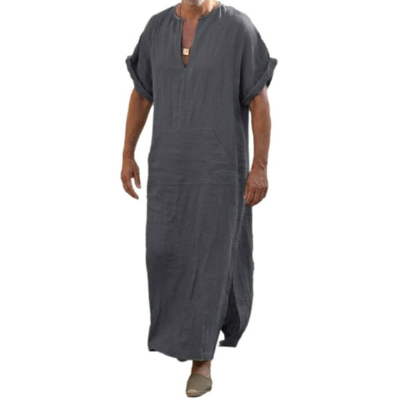 Diconna Men Ethnic Robe Short Roll-up Sleeve Solid Color V-neck Kaftan