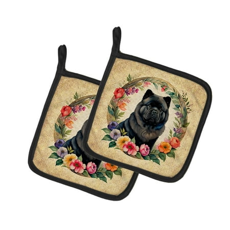 

Black Chow Chow and Flowers Pair of Pot Holders 7.5 in x 7.5 in