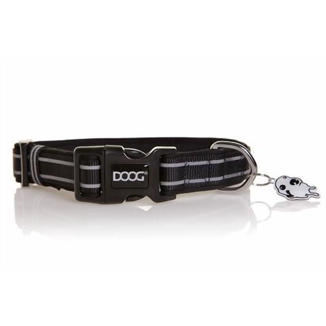 Doog Pet Collar COLBFL-M Lassie; Black With Reflective Strip; Neoprene Base With Nylon Finish; Plastic Buckle Closure; Hand Washable; With Silver ID Tag