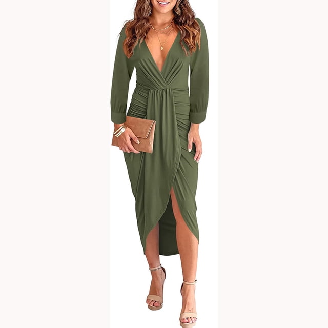 Gspmoly Robe d'Été, Robe Mi-Mollet pour Femmes et Hiver Unie à Col en V Plissée, Moulante Fendue, Robes de Soirée pour Femmes Offres Prime