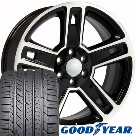 22x9 Wheels & Tires fit GMC Chevy Trucks and SUVs - Chevrolet Silverado Style Black Machined Rims and Goodyear Tires, Hollander 5664 -