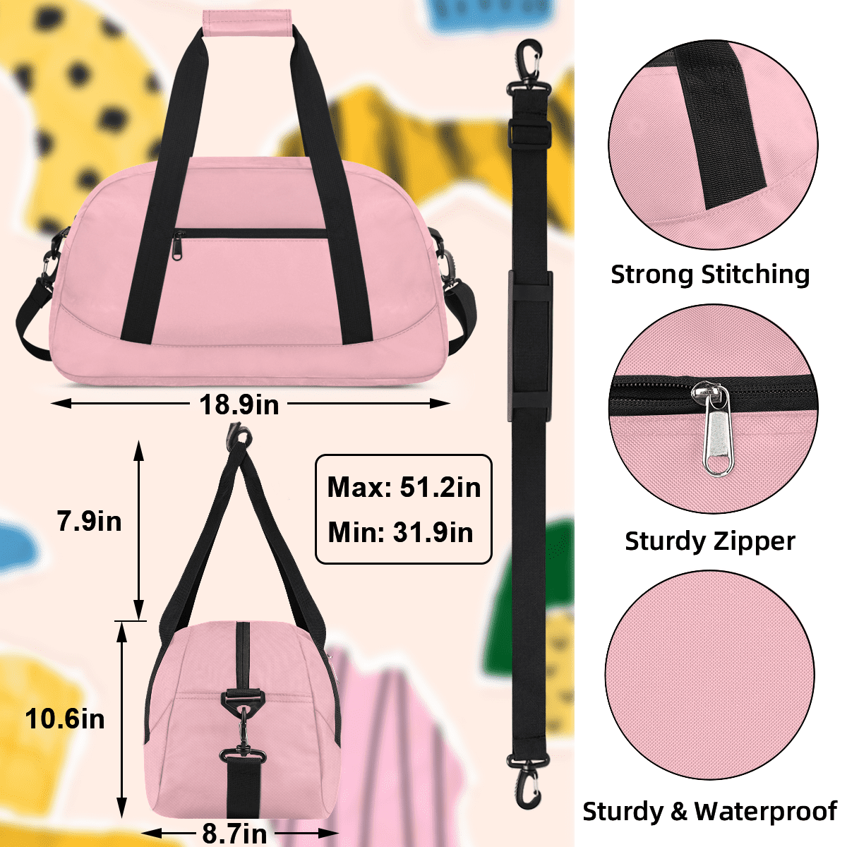 Herdesigns Light Pink Sports Duffle Bag for Women & Men, Gym Bag Dance Bag Overnight Bag Carry On Weekender Travel Bag