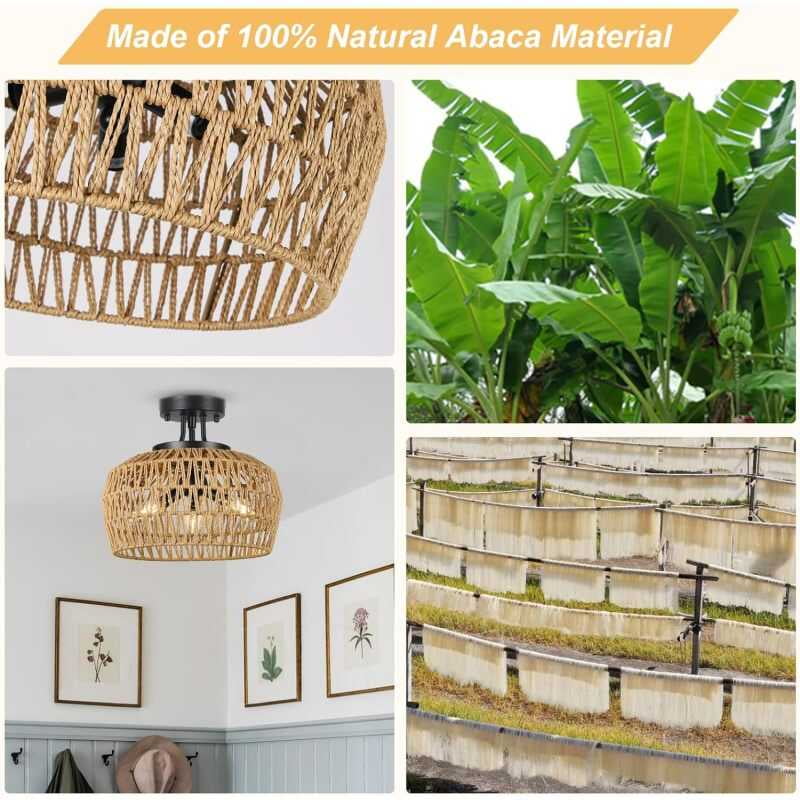 Semi Flush Light, Rattan Fixture Mount with Handmade Wicker Lampshade, 3-Lights Boho Chandelier, Woven Close to Ceiling Light for Bedroom Hallway Living Room Kitchen