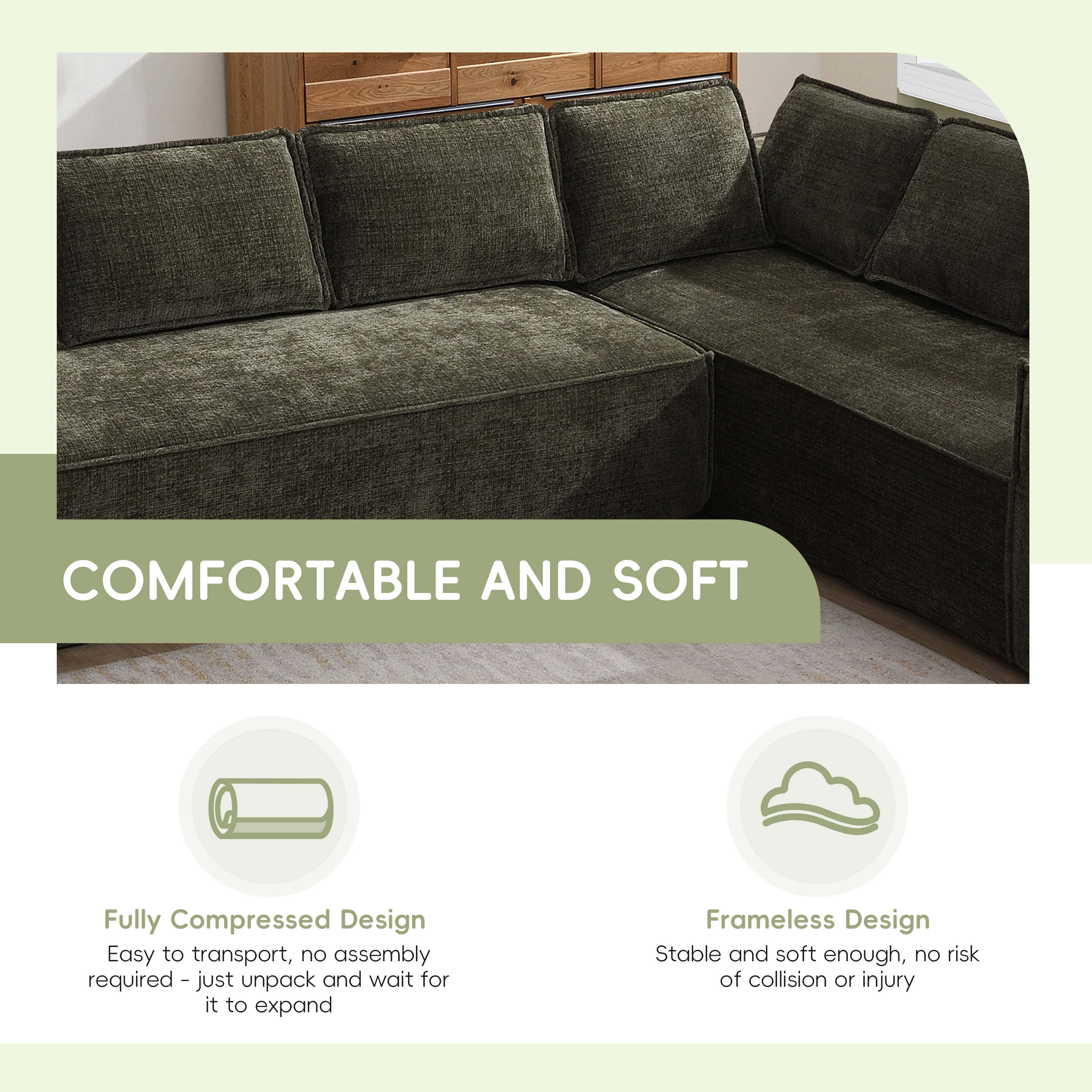 Sectional Sofa, Modular Couch, L-Shaped Fully Compressed No Frame, Ultra-Thick Wrinkle-Resistant Chenille Fabric with Pocket Spring Seat for Living Room, 129.5 Inch, Green