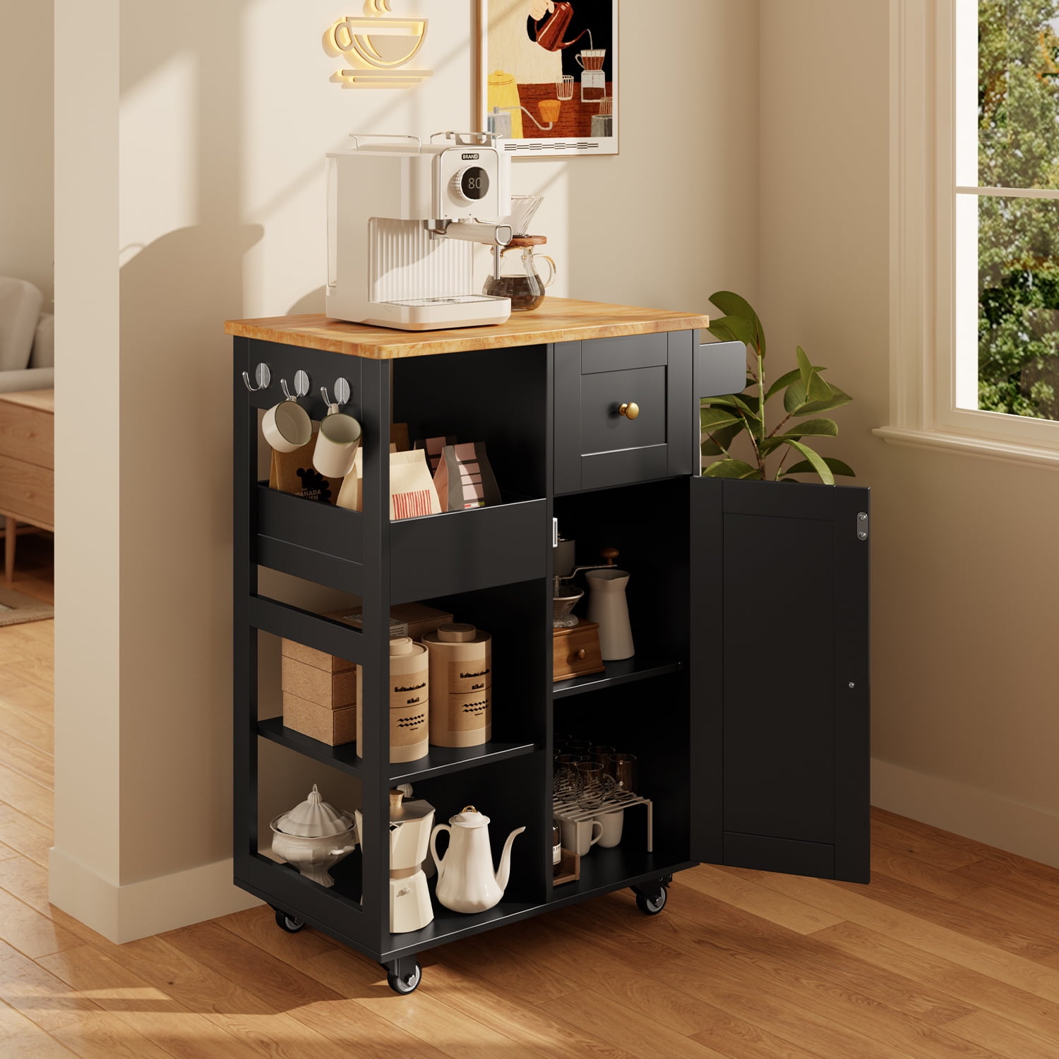 Kitchen Island Cart on Wheels, Asofer Bar Cart with Adjustable Shelf and Removable Tray for Dining Room, Black