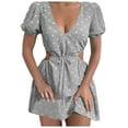 thumbnail image 2 of Qiopertar Liquidation à Moins de 5$ Robe Mode Femme Sexy Imprimée Col en V Taille Creuse Manches Courtes Mini Robe Liquidation jusqu'à 65 % de Réduction, 2 of 5