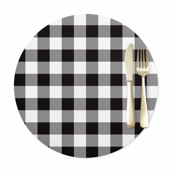 Round Placemats Set of 1, Classice Ombre Buffalo Lattice Faux Leather Placemat Waterproof Oil-Proof Wipeable Table Mats 12in, Black and White Washable Place Mats for Kitchen Dining Table Party