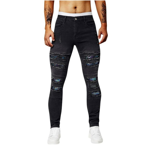 Men's Black Ripped Distressed Stretchy Skinny Jeans锛孧ens High Waisted Streetwear Pants Straight Slim Fit Jeans Holes With Patches Tapered Leg Pants With Pockets