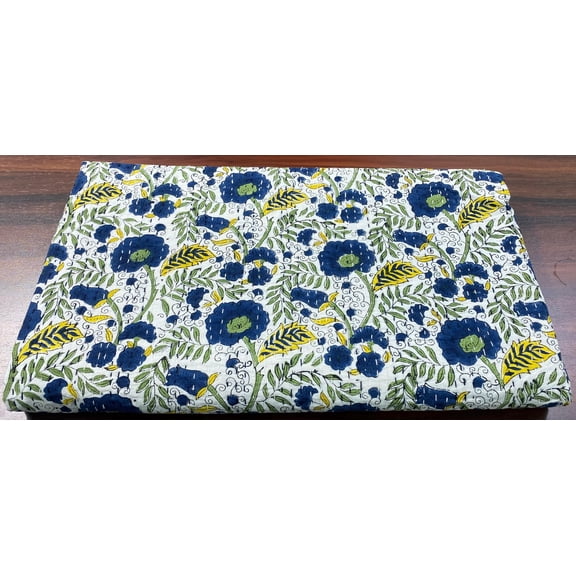 Blue Floral Block Print Indian Kantha Quilt â€“ Handmade Cotton Bedspread | Indian White Bedding | Queen & King Size Coverlet