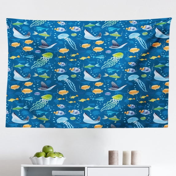 Under The Sea Tapestry, Graphical Layout of Sea Turtles Cartoon Ocean Lifestyle, Fabric Wall Hanging Decor for Bedroom Living Room Dorm, 2 Sizes, Multicolor, by Ambesonne