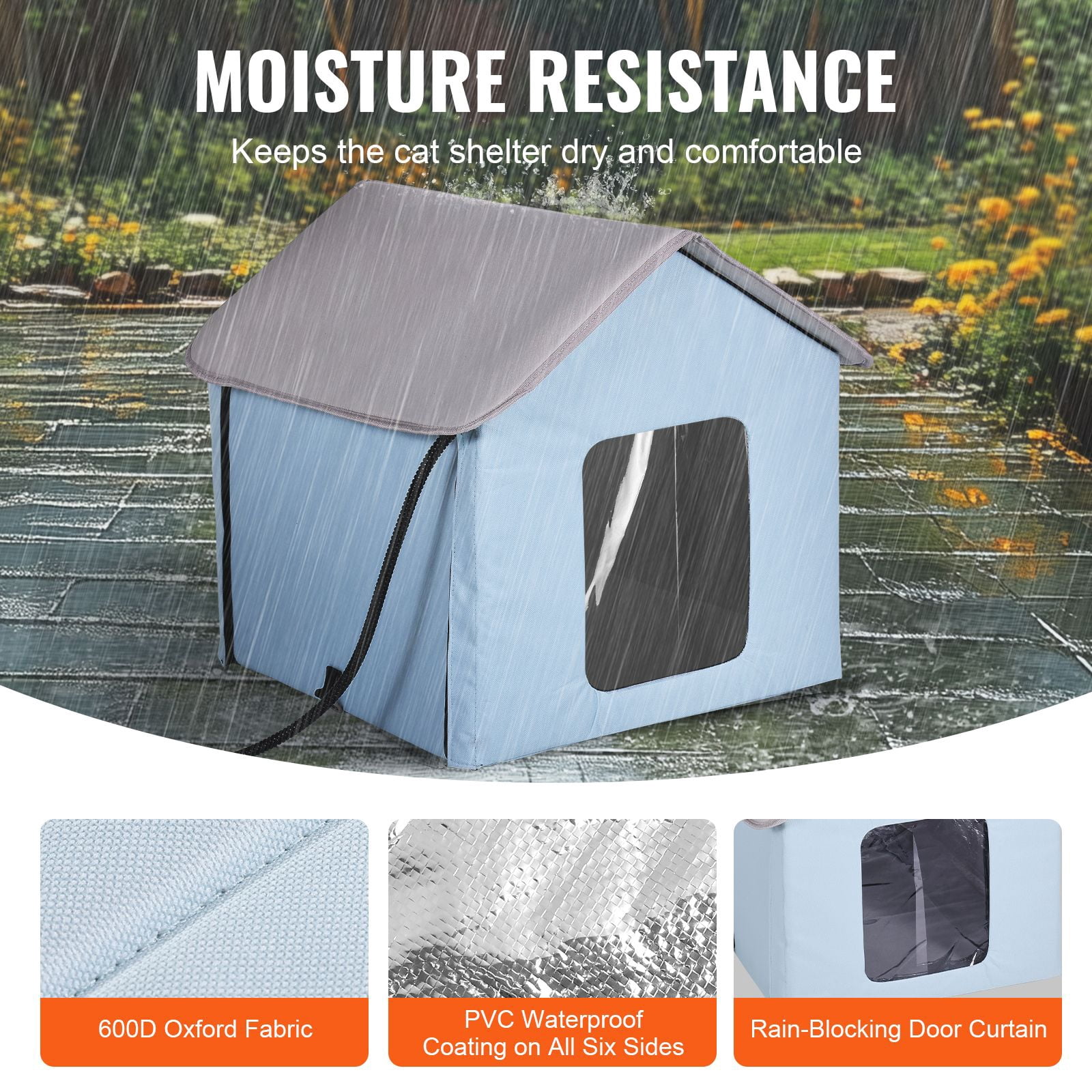 Dranite Heated Cat House Winter Outdoor Indoor, Foldable Kitty Shelter with Warm Pad, Waterproof & Energy Efficient, Blue Small