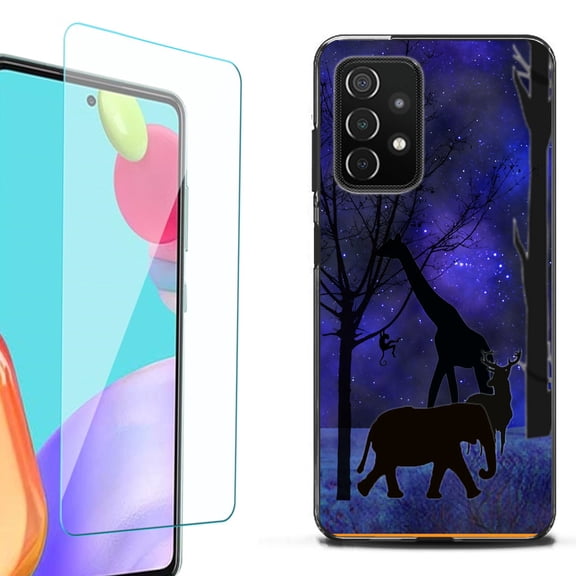 Slim-Fit Flexible TPU Gel Phone Case (black) for Samsung Galaxy A52 5G, with Tempered Glass Screen Protector, by OneToughShield ® - Midnight Safari
