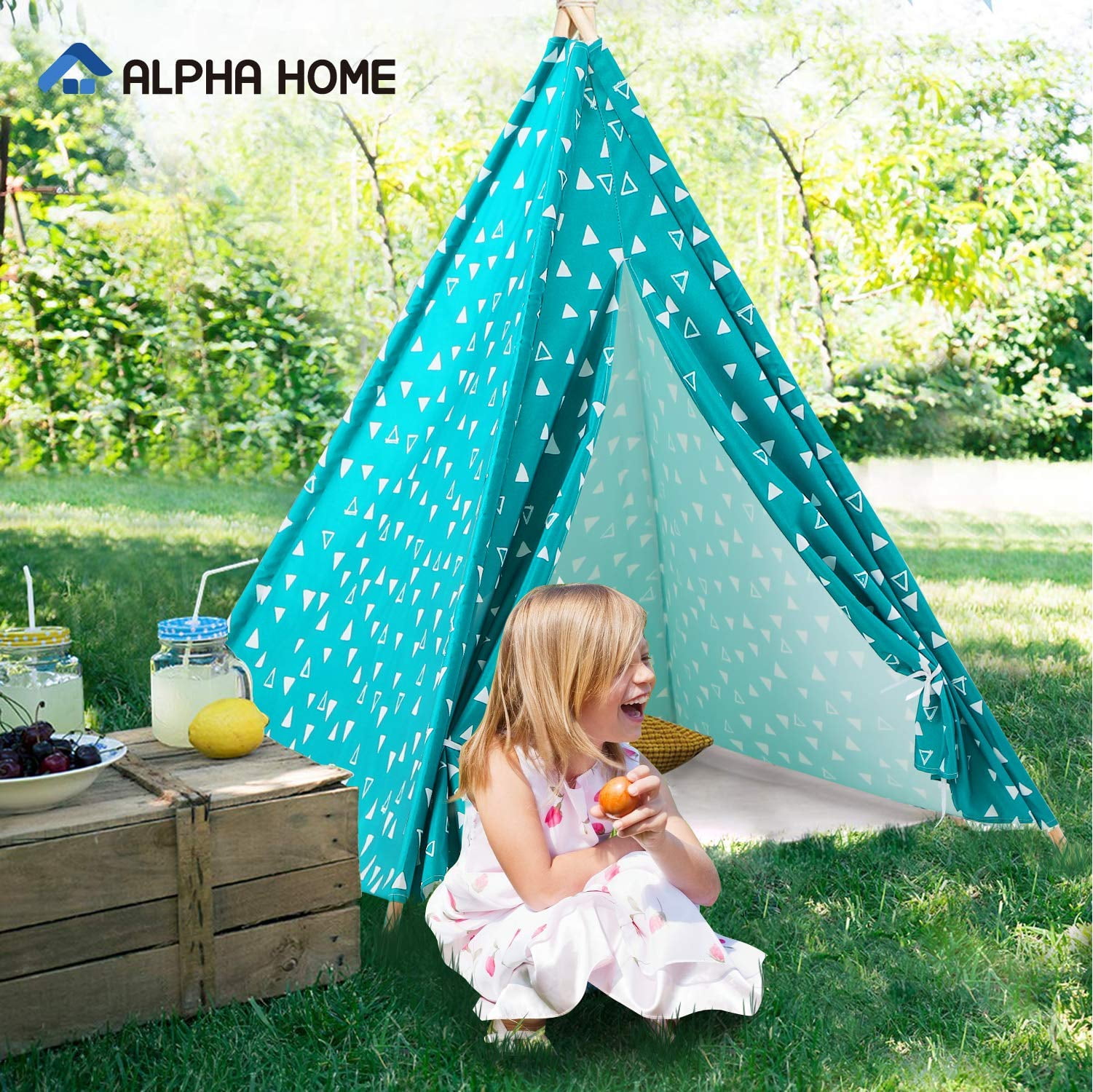 ALPHA HOME Teepee Tent for Kids Canvas Childs Play Teepee Tent Indoor & Outdoor with Carry Bag 58 x 58 x 56 