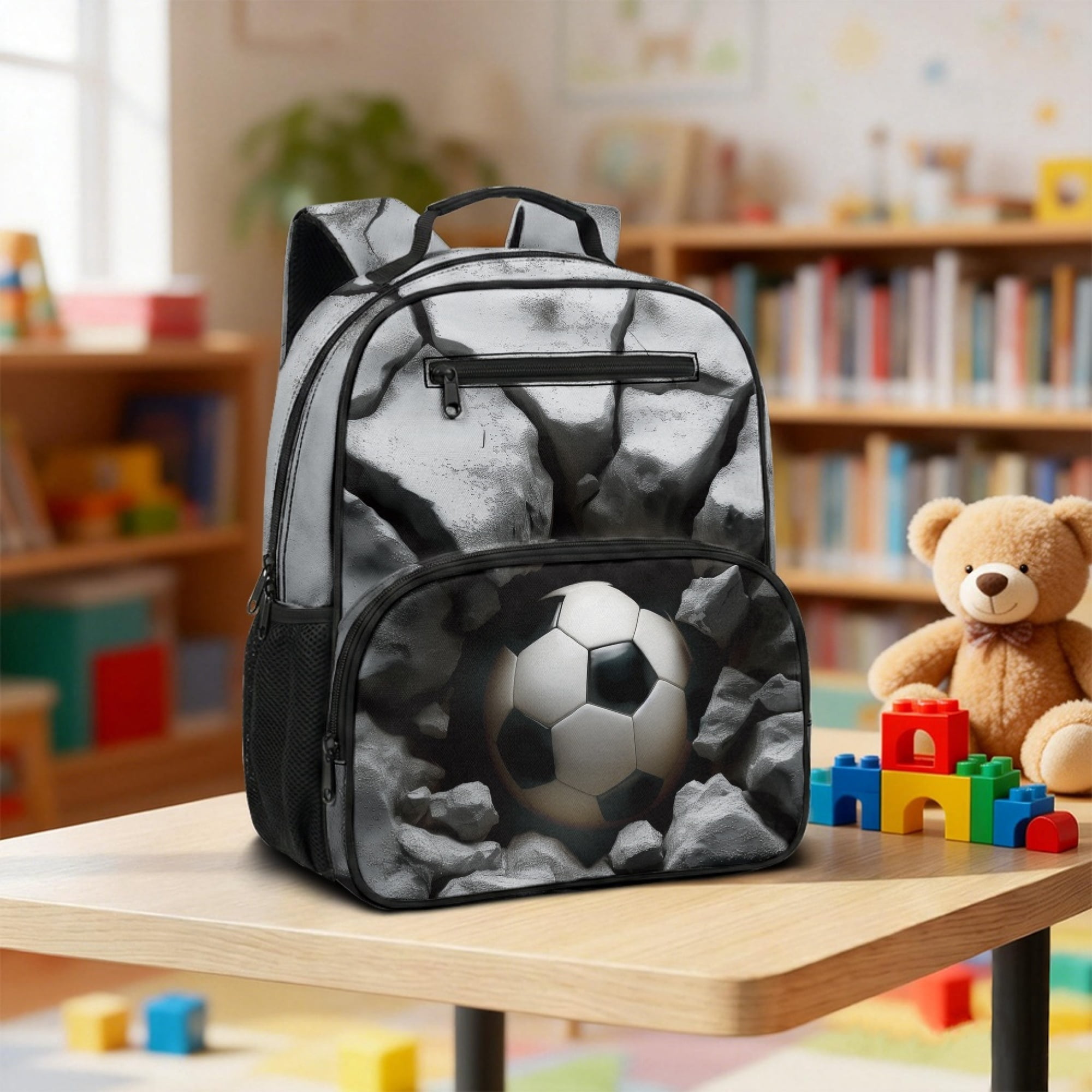 Chririnla 3D Soccer Cracked Rock Toddler Backpack Polyester Side Mesh Pockets Sturdy Toddler Preschool Polyester Backpack for Boys