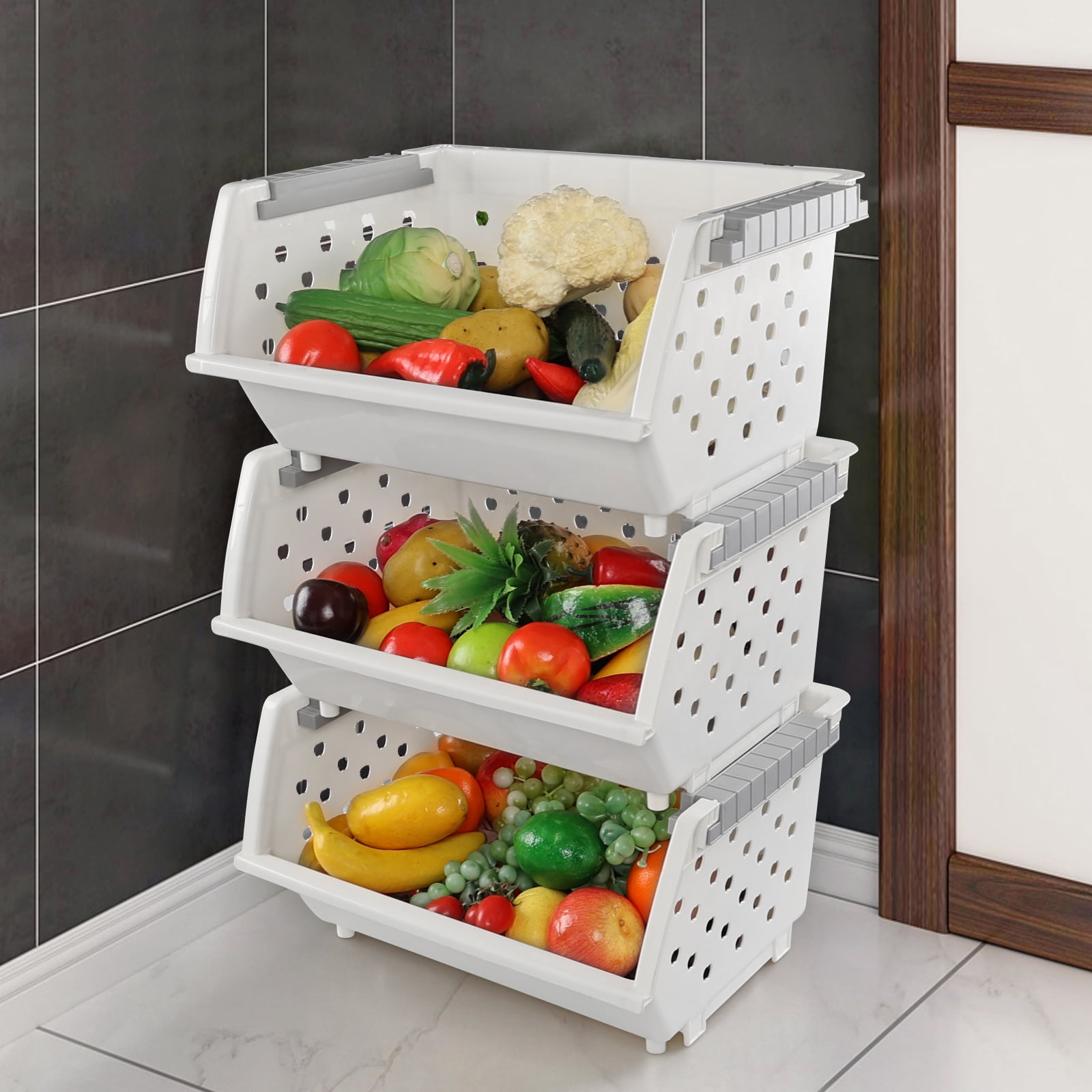 Doryh 3-tier Plastic Open Front Stacking Storage Basket/Bin, Large Size, White