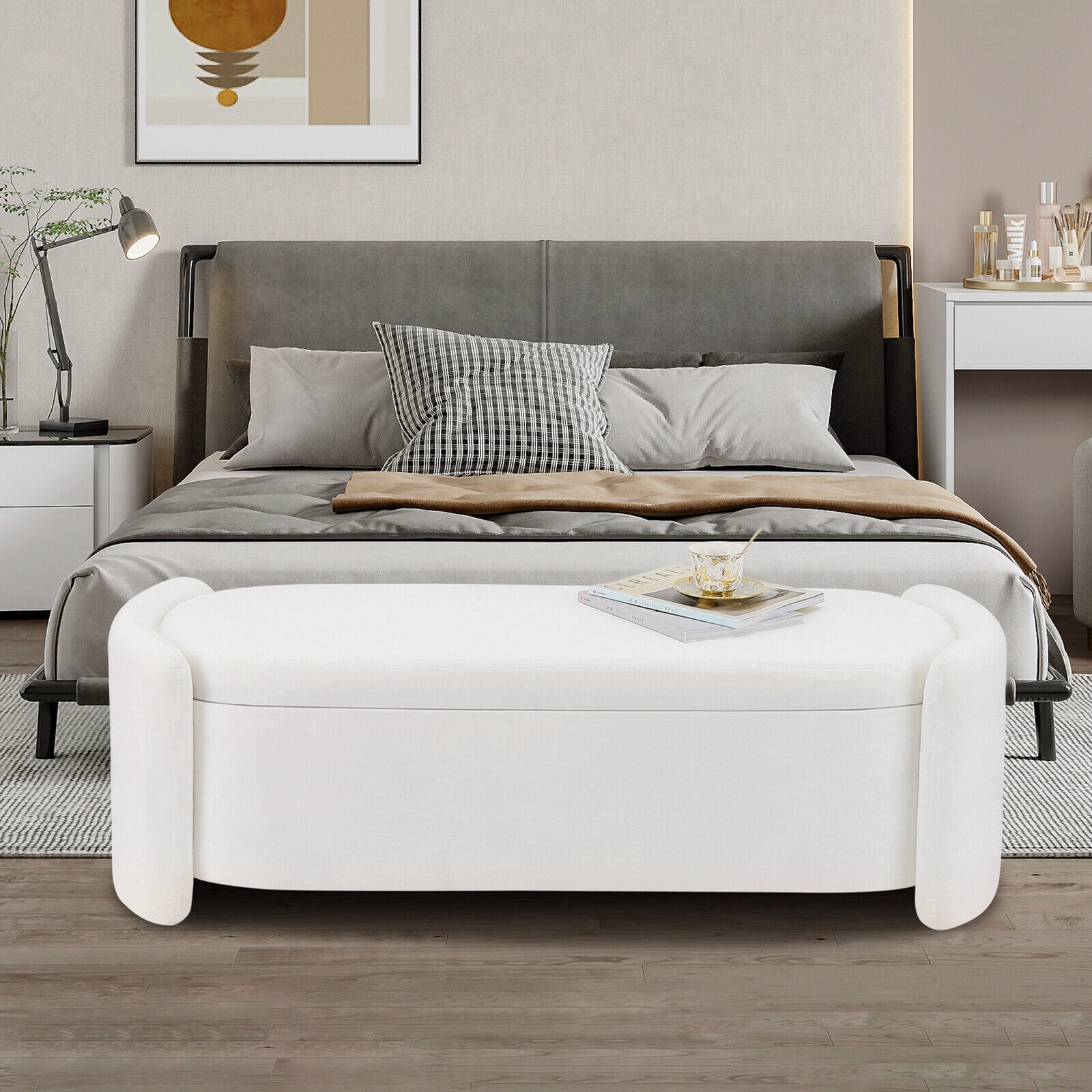 51" Storage Ottoman End of Bed Bench Upholstered Storage Footrest Stool for Bedroom Entryway, White