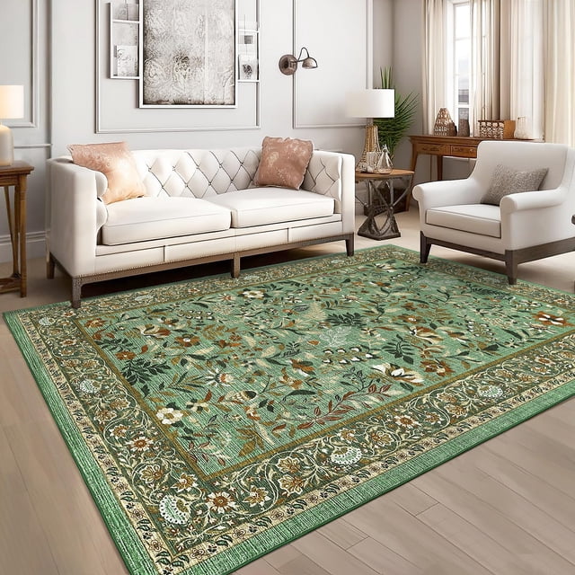 5x7FT Washable Area Rug – Green Floral Pattern – Low Pile, Non-Slip, Mark-Resistant Farmhouse Accent Carpet for Living Room, Bedroom, Kitchen, Nursery – Light Green
